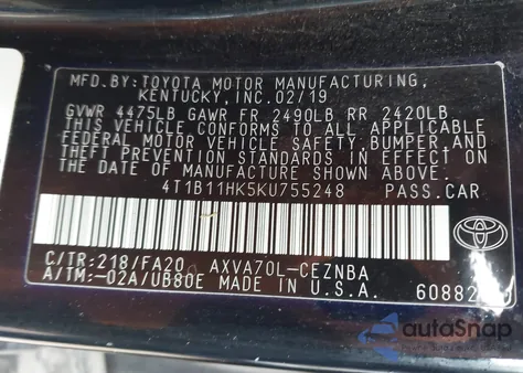 2019 Toyota Camry Le from USA, damaged, VIN 4T1B11HK5KU755248